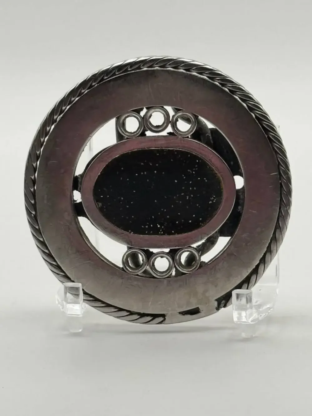 Oval Openwork Black Speckled Inlay Rope Border Belt Buckle Vintage Western Used